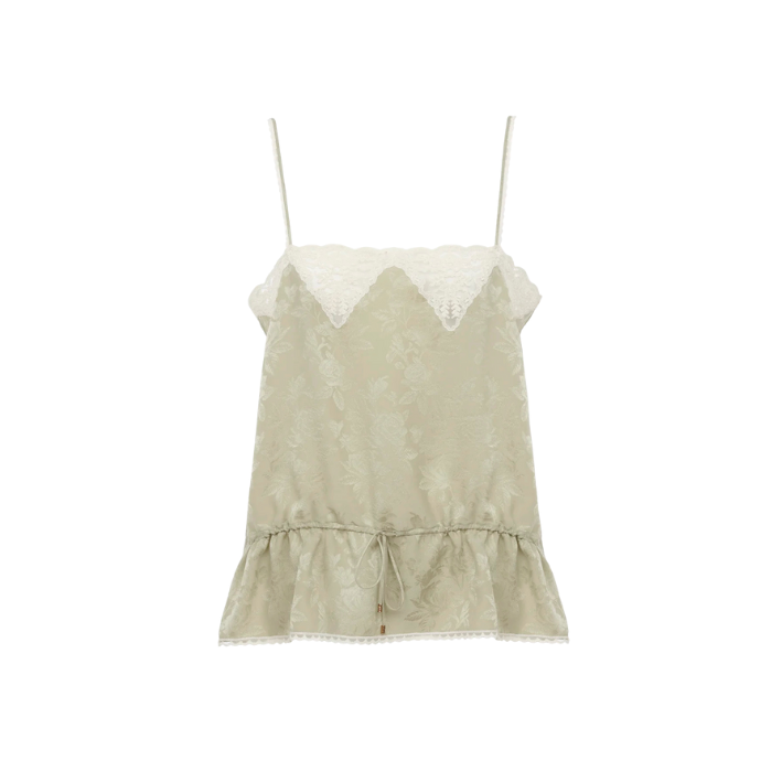 TOP CARACO EN SOIE JACQUARD ET DENTELLE
